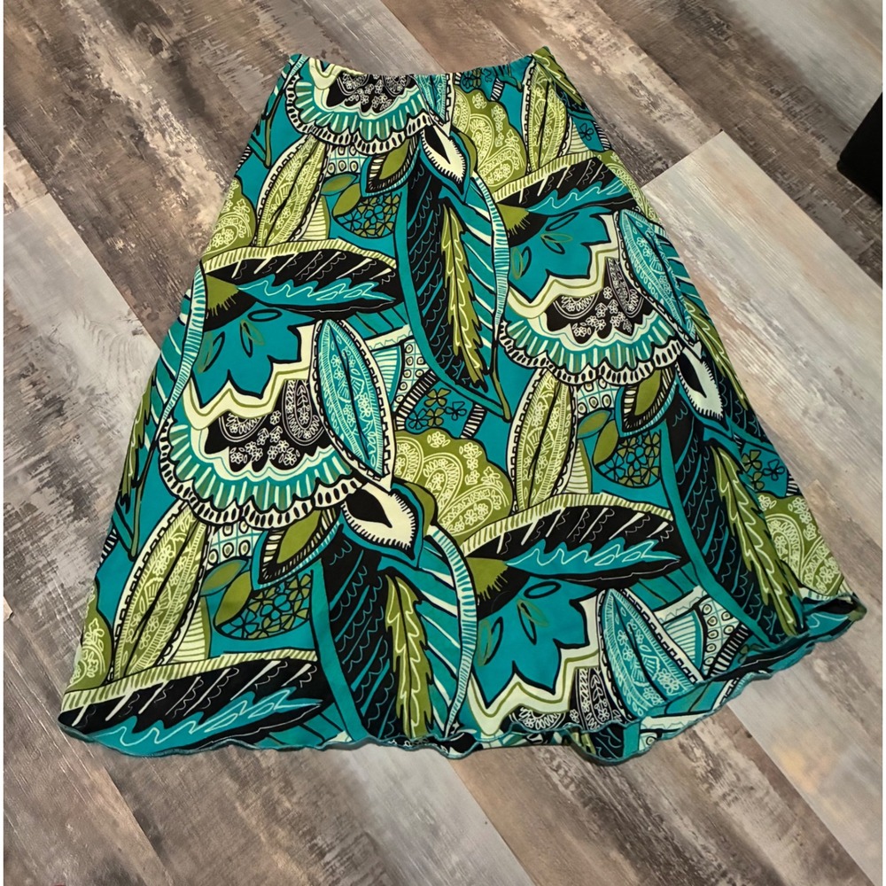D.E.A. New York Women Teal Green Abstract Tropical Leaf Print Midi Skirt Small
